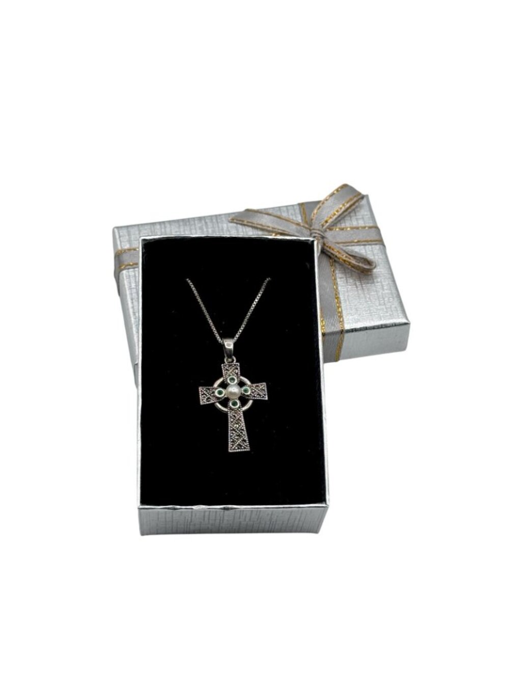 Emerald Sterling Cross Pendant Necklace Marcasites Pearl Center 925 Box Chain - Picture 13 of 14